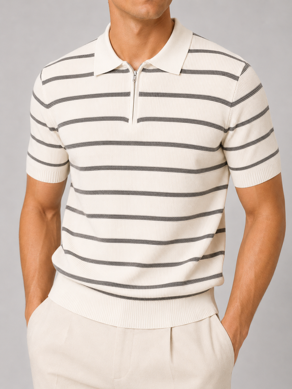 White quarter zip knit polo shirt striped design refined summer top for casual office style