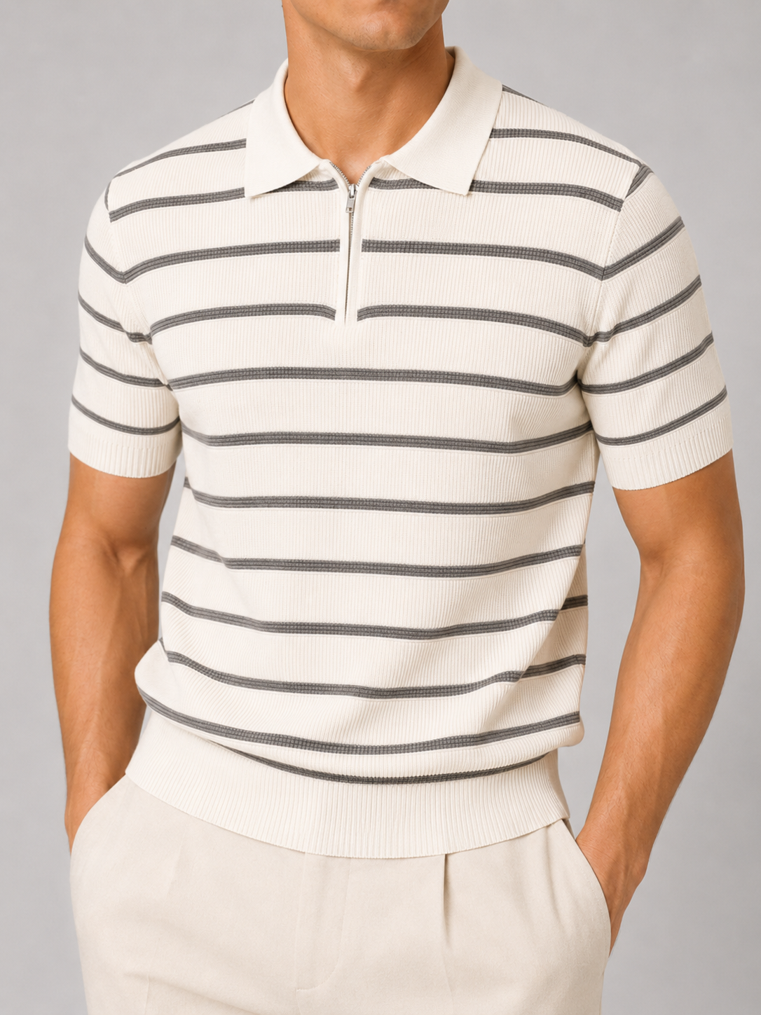 White quarter zip knit polo shirt striped design refined summer top for casual office style