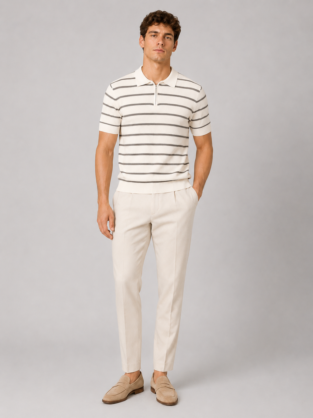 Men wearing white striped quarter zip knit polo shirt short sleeve lightweight summer style