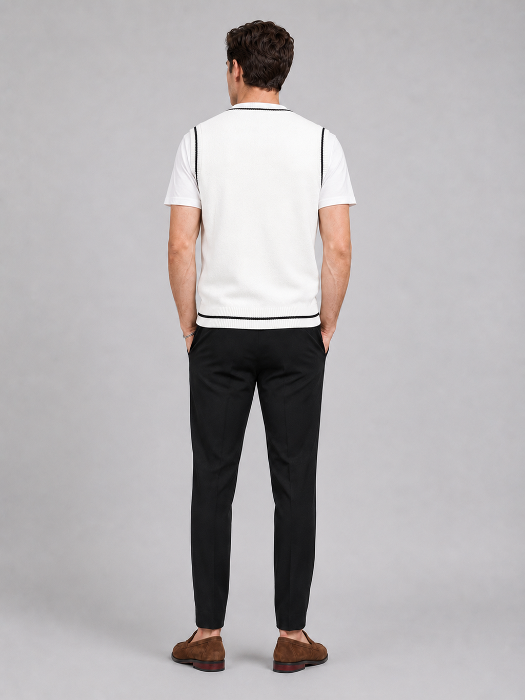 Men’s white patchwork knit sweater vest comfortable sleeveless layer for office and smart casual outfits