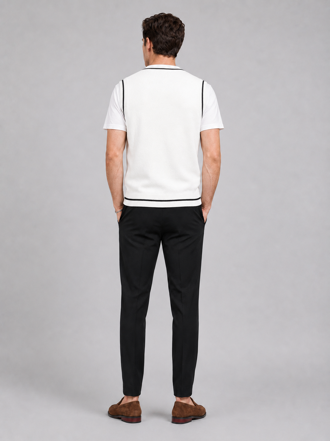 Men’s white patchwork knit sweater vest comfortable sleeveless layer for office and smart casual outfits