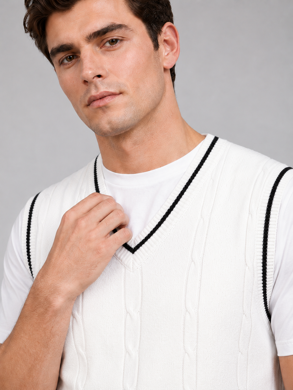 Close up of white patchwork sweater vest showing soft knit texture and classic v neck detail