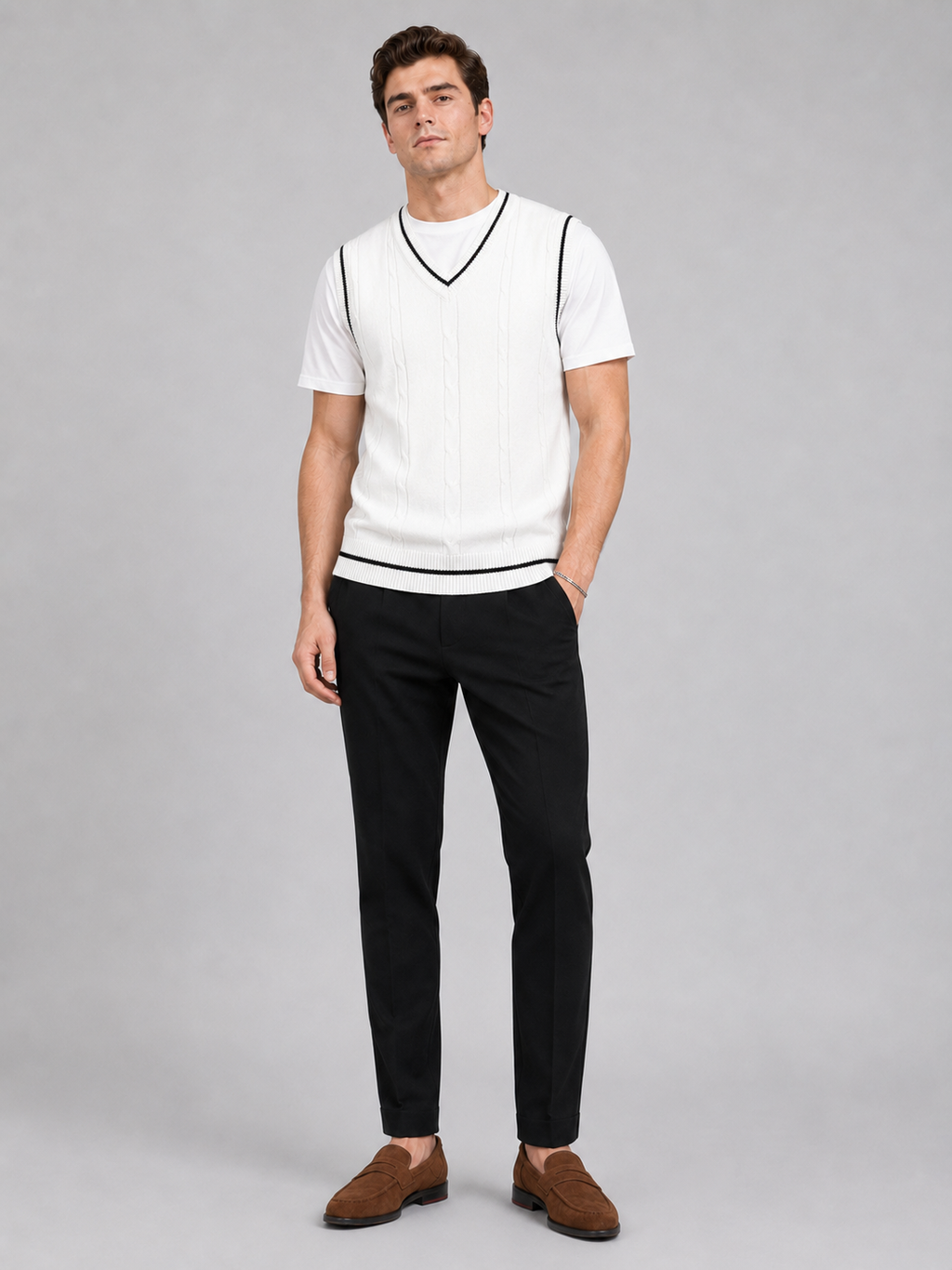 White v neck sweater vest for men slim fit knit layer for business casual and everyday wear