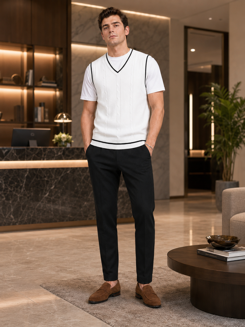 Man styling white v neck sweater vest in a clean business casual and everyday lifestyle outfit