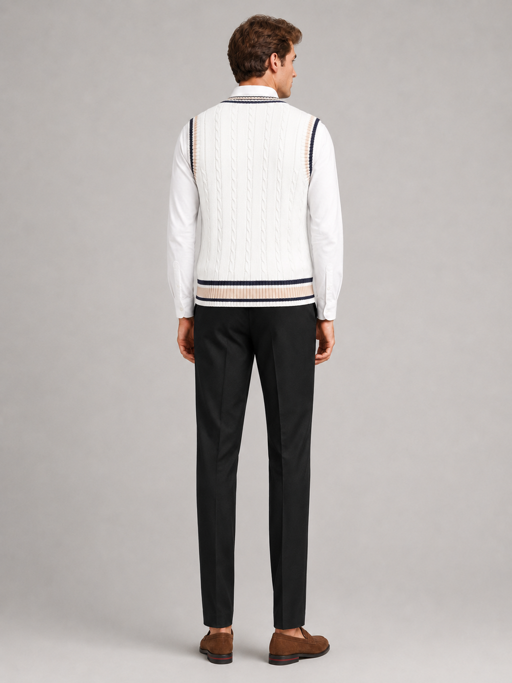 Men’s white thick knit sweater vest comfortable preppy layer for casual and smart casual outfits