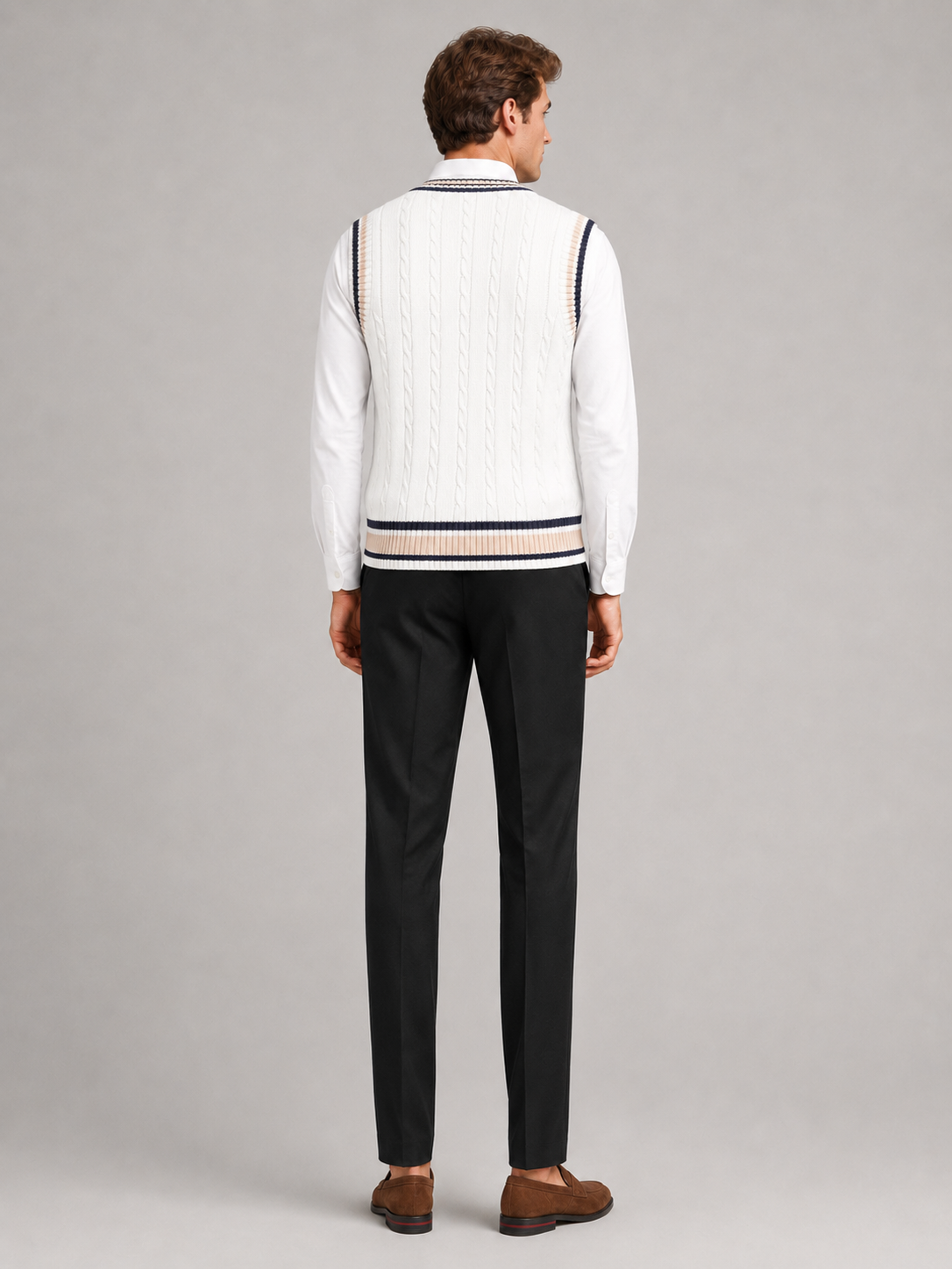 Men’s white thick knit sweater vest comfortable preppy layer for casual and smart casual outfits