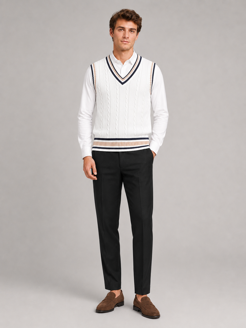 White striped v neck sweater vest for men warm knit layer for everyday wear