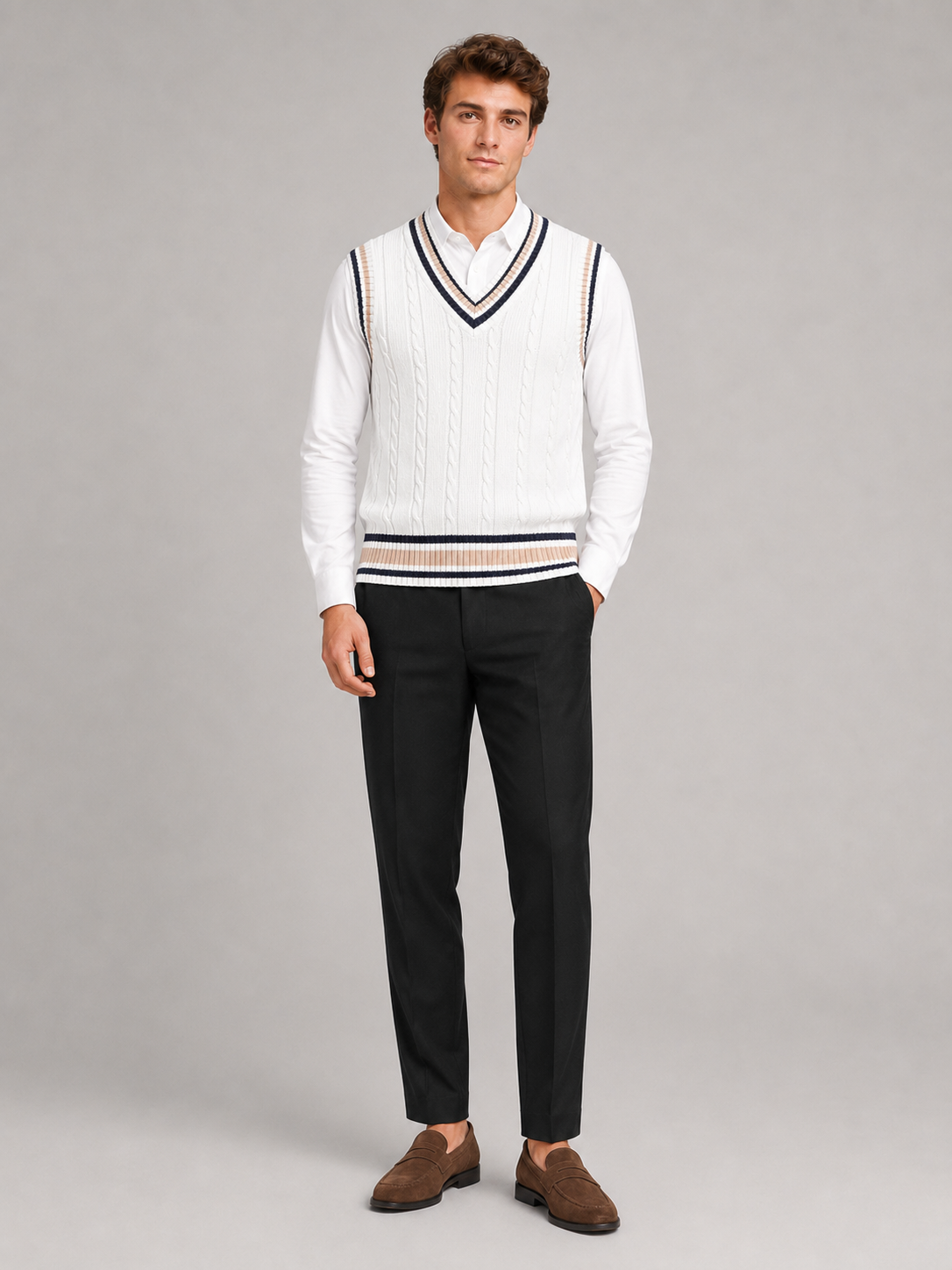 White striped v neck sweater vest for men warm knit layer for everyday wear