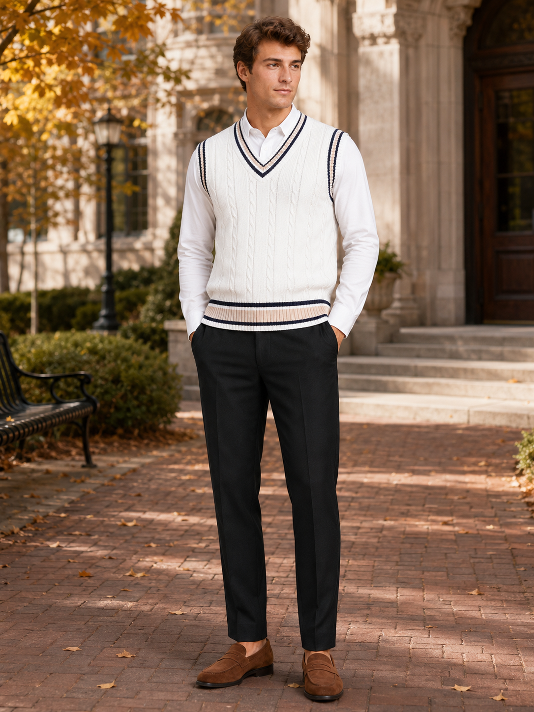 Man styling white striped sweater vest in a clean preppy fall winter lifestyle outfit