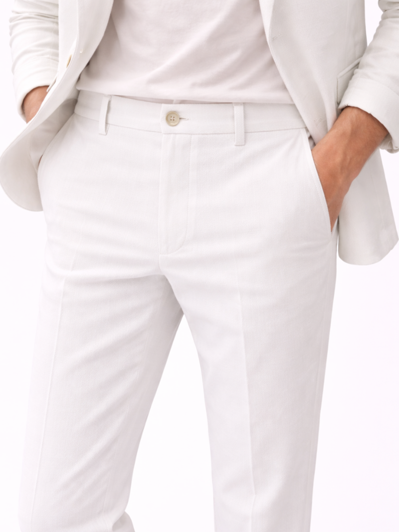 Men wearing white tailored linen trousers breathable lightweight pants for summer and smart casual outfits