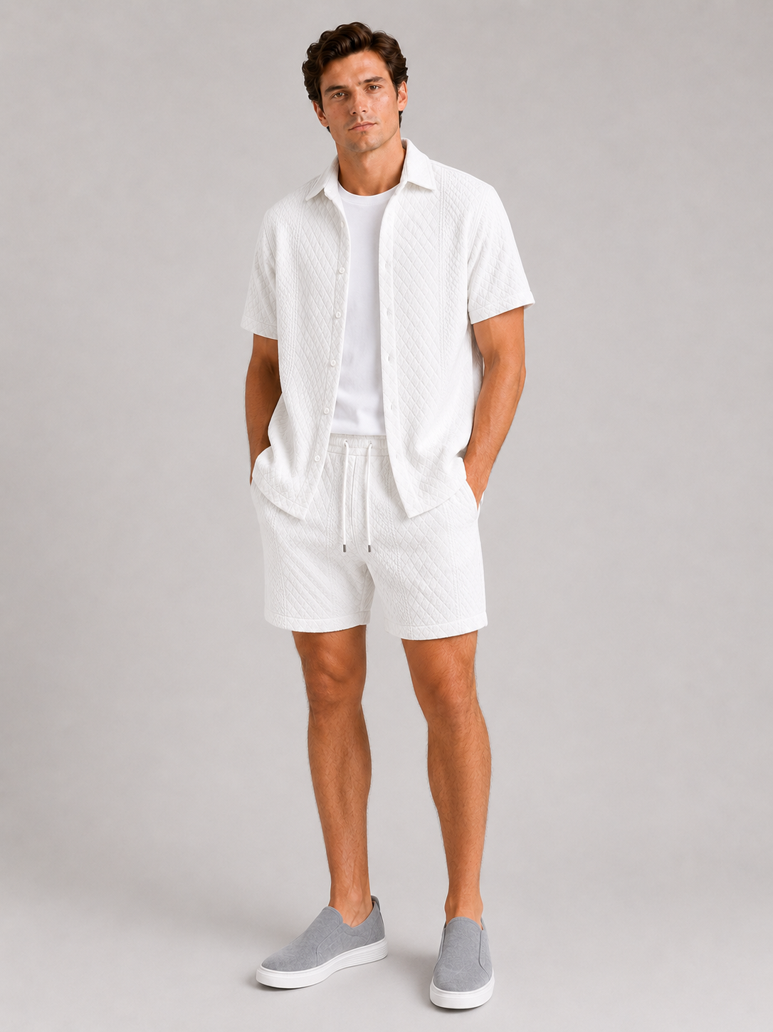 White matching shirt and shorts set for men breathable summer outfit for casual wear