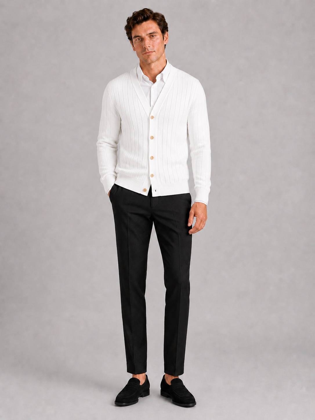 White v neck cardigan sweater for men slim fit layering piece for office and everyday wear