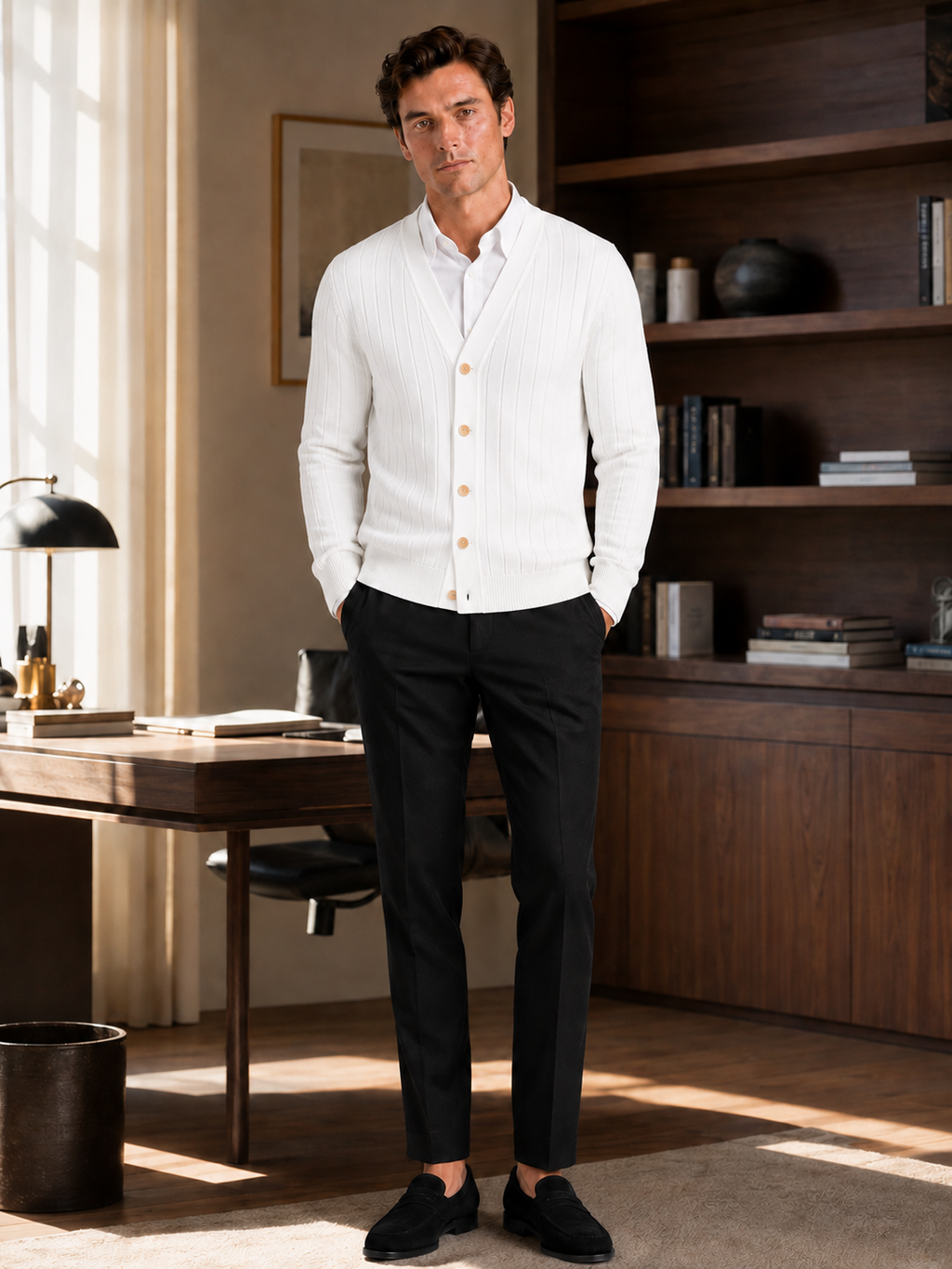 Man styling white v neck cardigan sweater in a clean office and smart casual lifestyle outfit