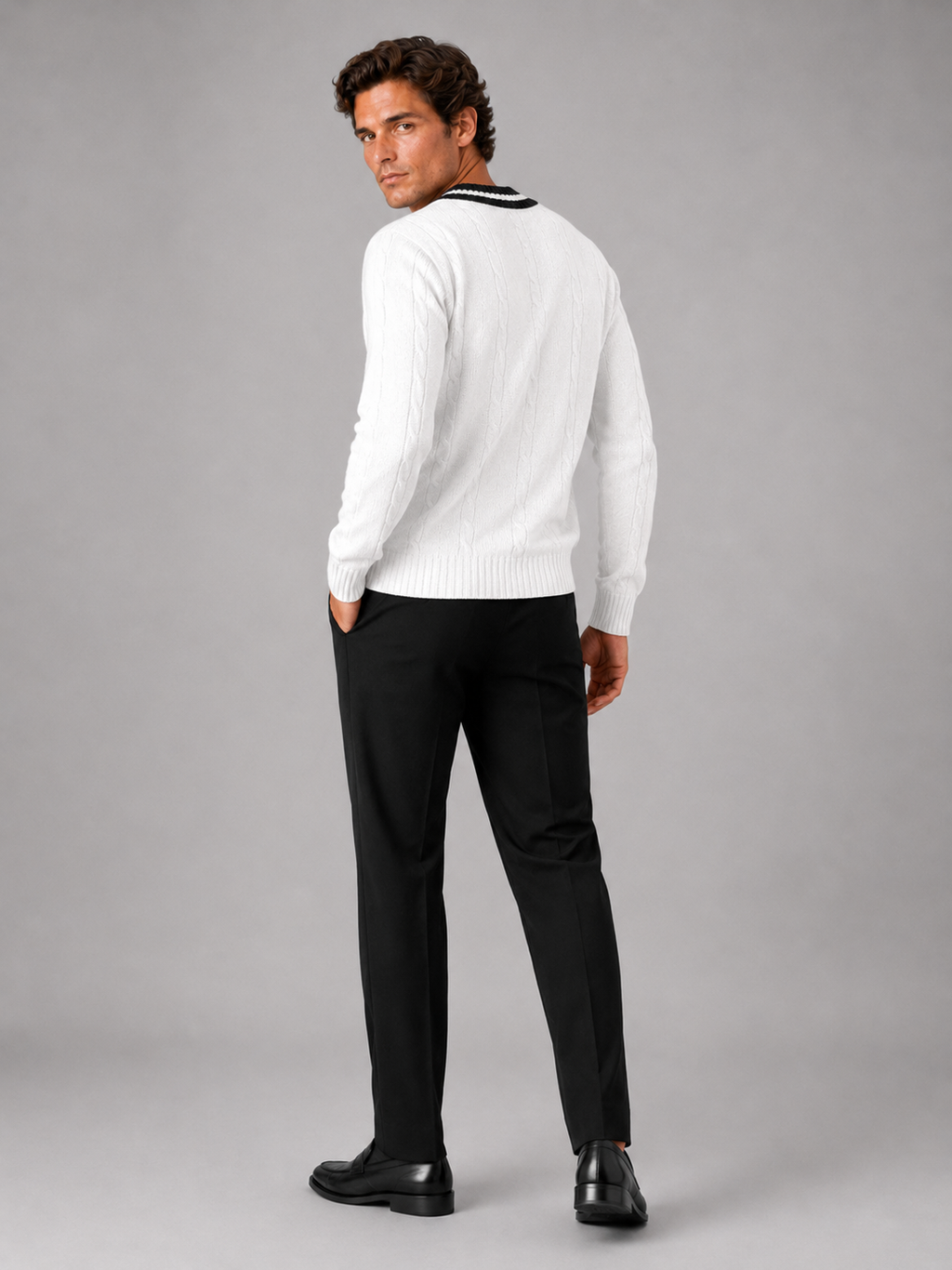 Men’s white knit pullover breathable warm sweater for fall winter everyday outfits