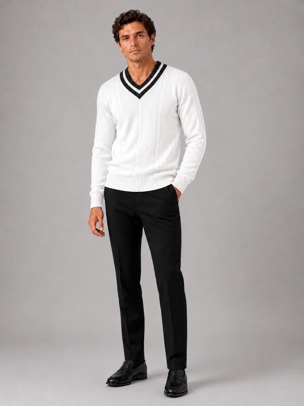 White v neck sweater for men long sleeve pullover for outdoor casual everyday wear