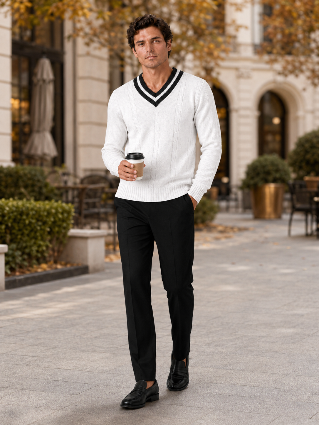 Man styling white v neck knit sweater in a clean fall winter lifestyle outfit