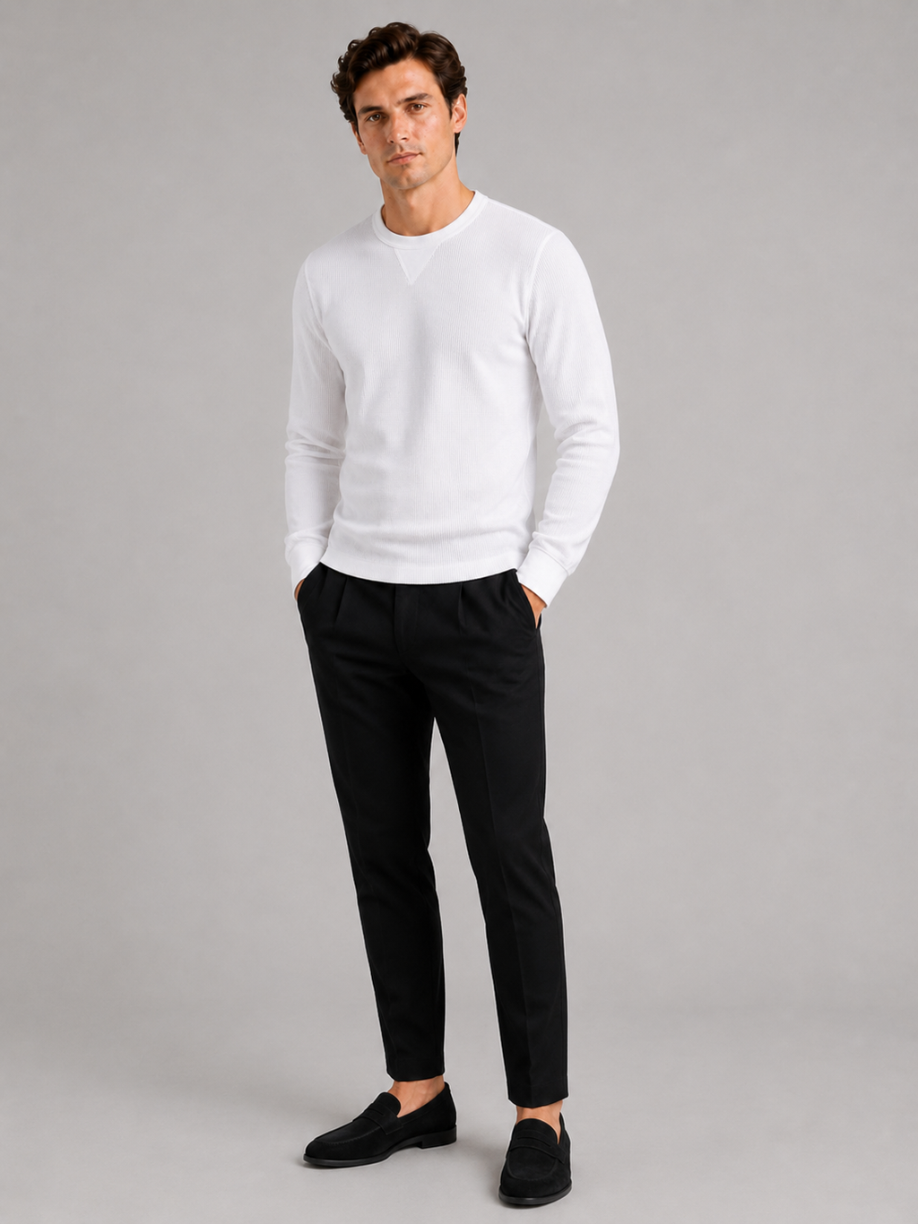 White waffle knit crewneck shirt for men comfortable long sleeve base layer for cooler weather