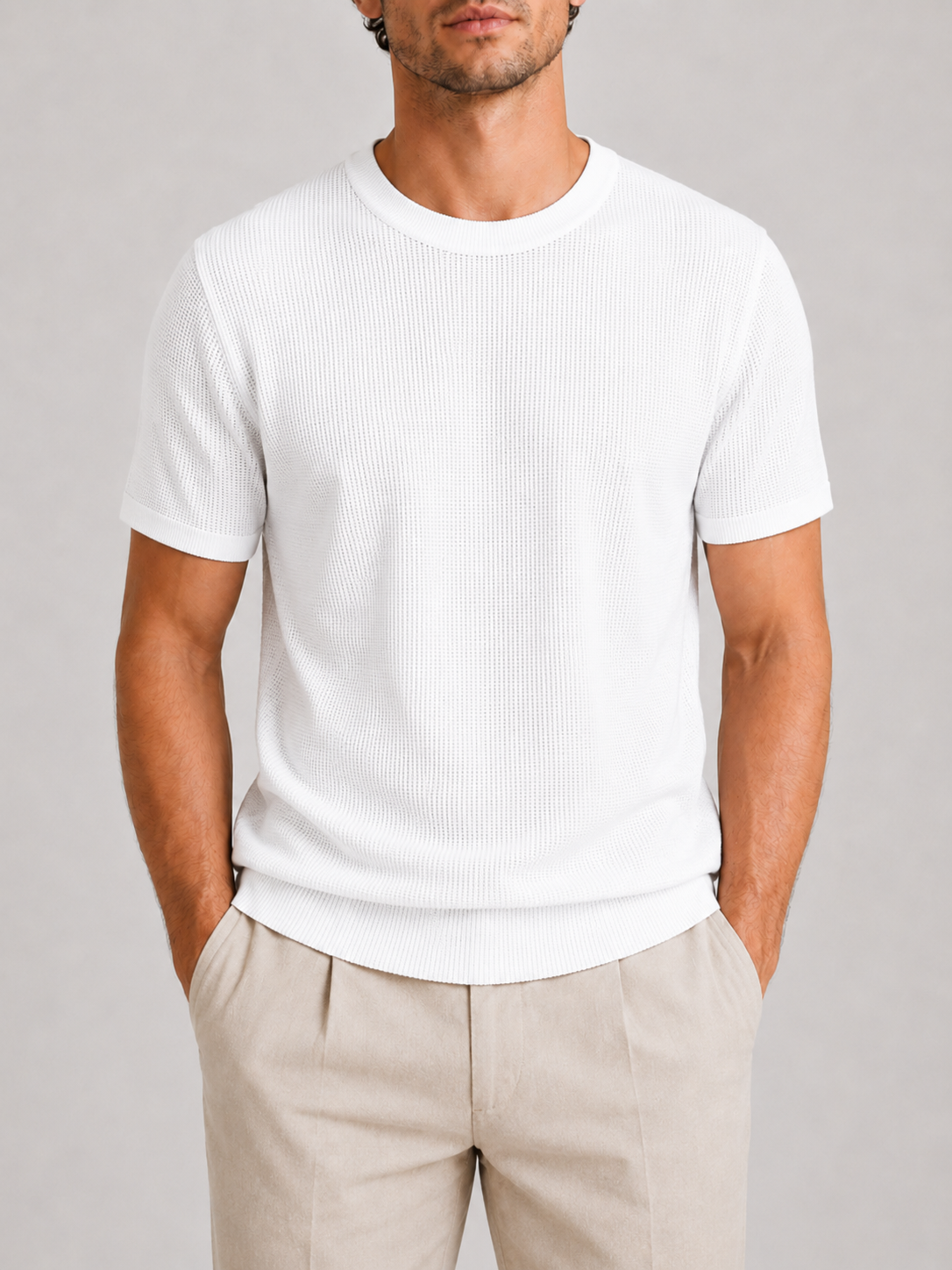 Men’s white crew neck waffle tee lightweight comfortable relaxed fit summer wear 