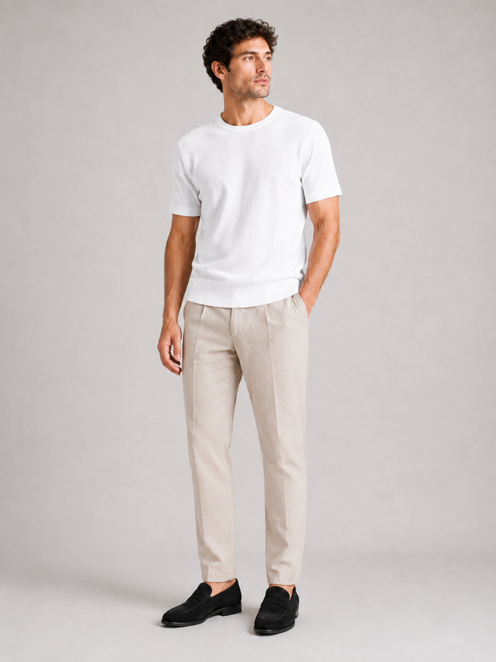 White waffle knit t shirt for men soft breathable textured fabric clean everyday outfit