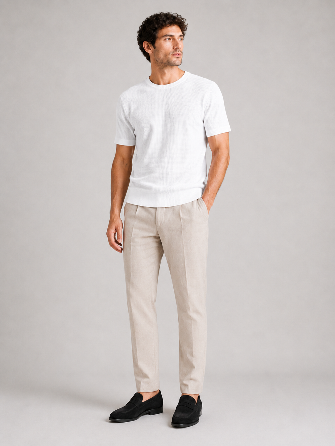 White waffle knit t shirt for men soft breathable textured fabric clean everyday outfit
