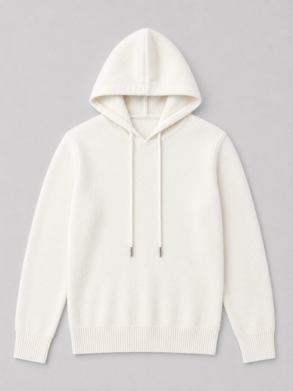 White men’s wool knit hoodie sweater displayed on a plain background