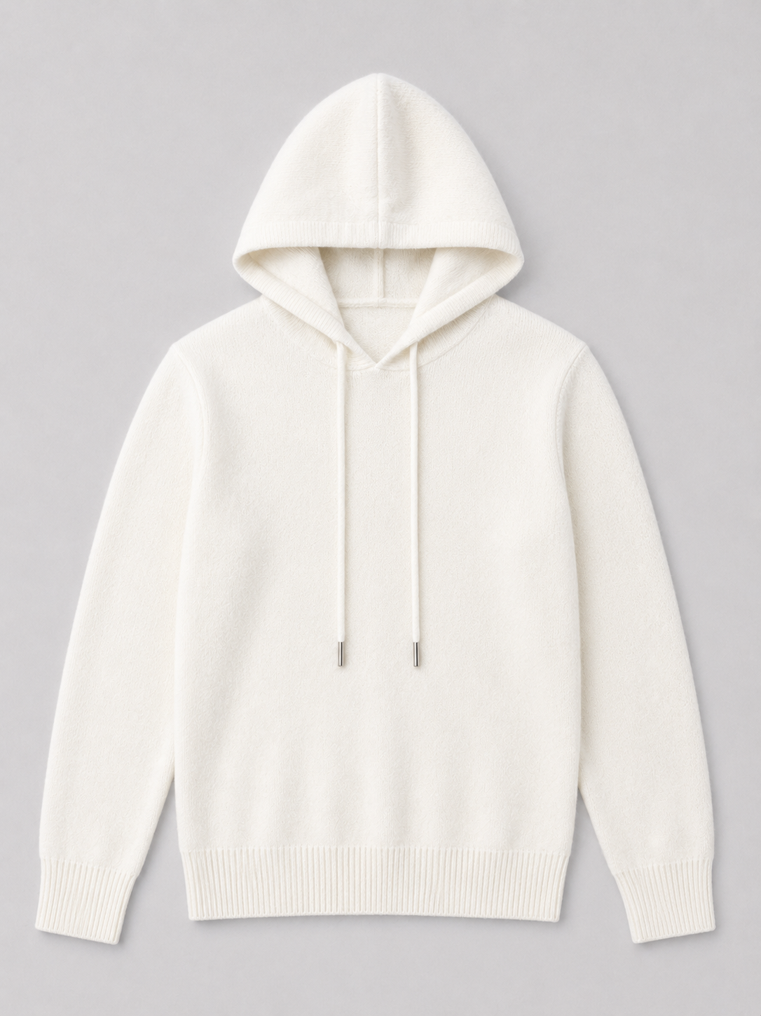 White men’s wool knit hoodie sweater displayed on a plain background