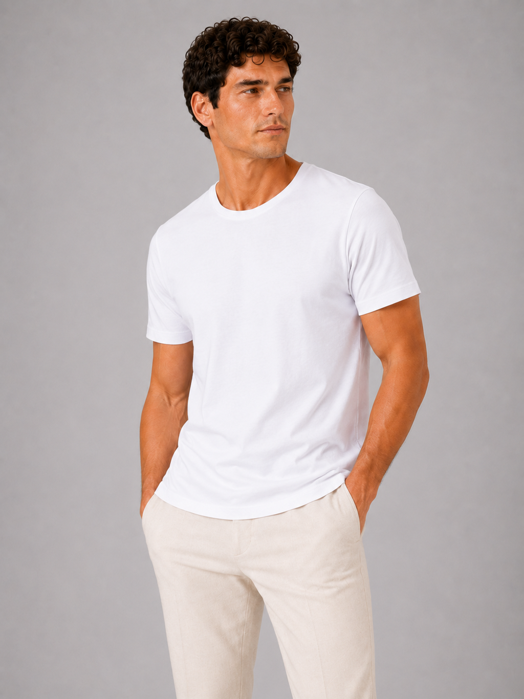 Men wearing white 100 percent cotton crew neck t shirt soft short sleeve summer casual style