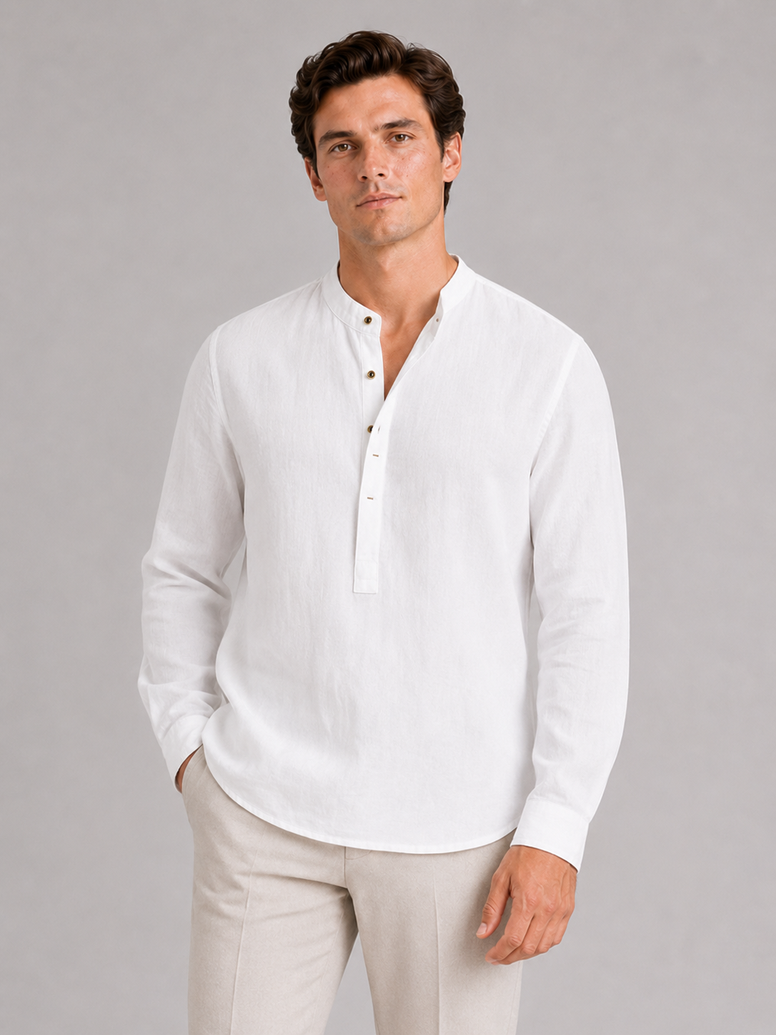 Men wearing white band collar shirt long sleeve breathable loose fit summer casual style