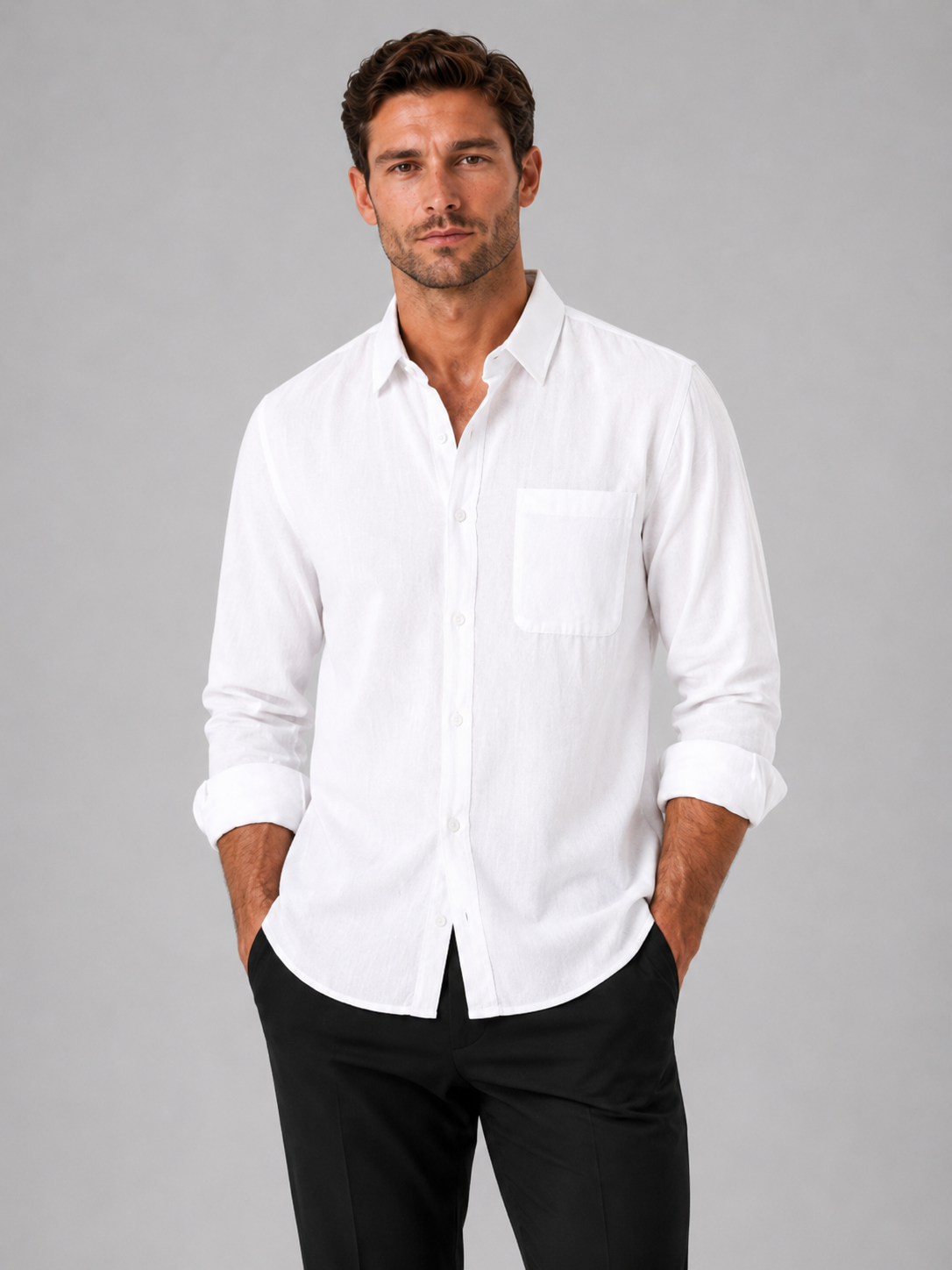 Men wearing white button down long sleeve shirt solid color summer casual style