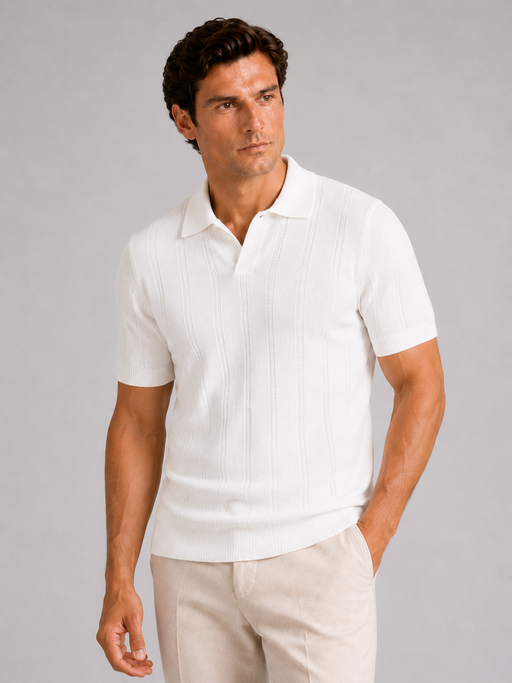 Men wearing white knit polo shirt slim fit short sleeve solid color summer casual style