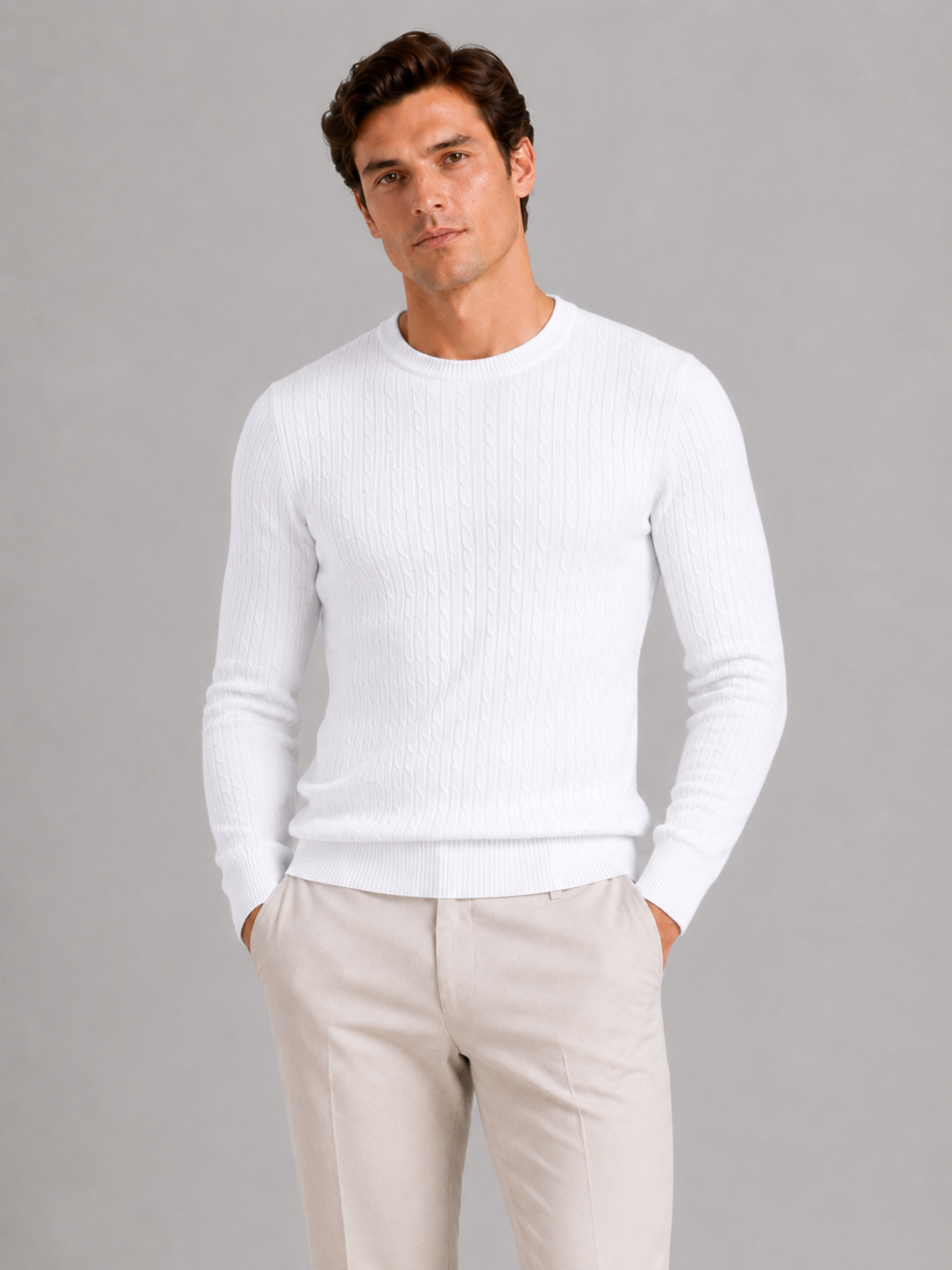 Men wearing wine cable knit crew neck sweater long sleeve lightweight spring business casual style