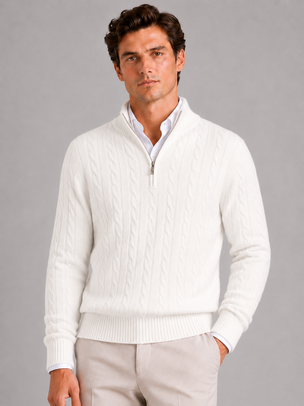 Men wearing white cashmere cable knit sweater quarter zip mock neck warm fall winter style
