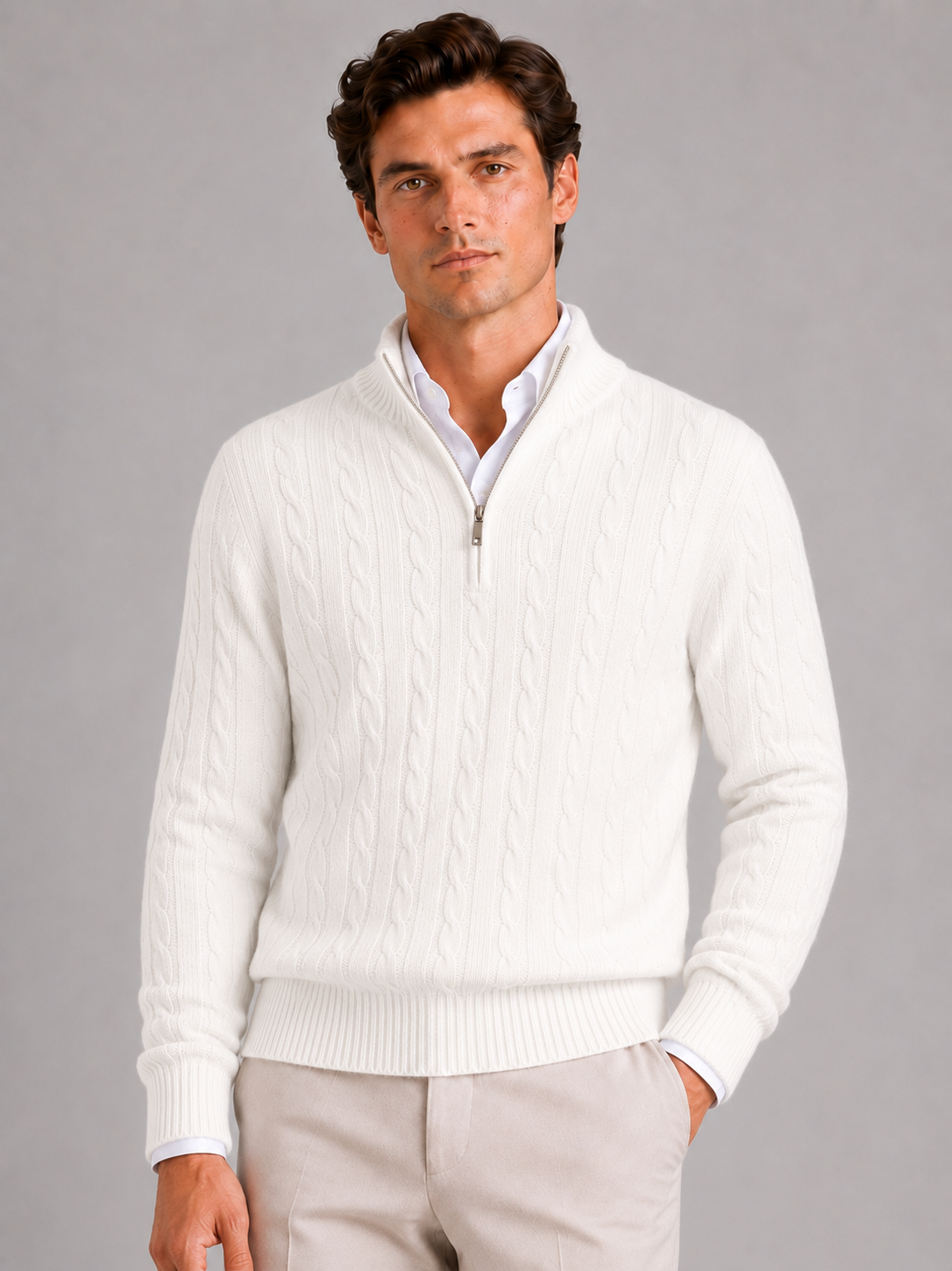 Men wearing white cashmere cable knit sweater quarter zip mock neck warm fall winter style