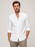 Men wearing white cotton linen collarless button down long sleeve shirt breathable summer casual style