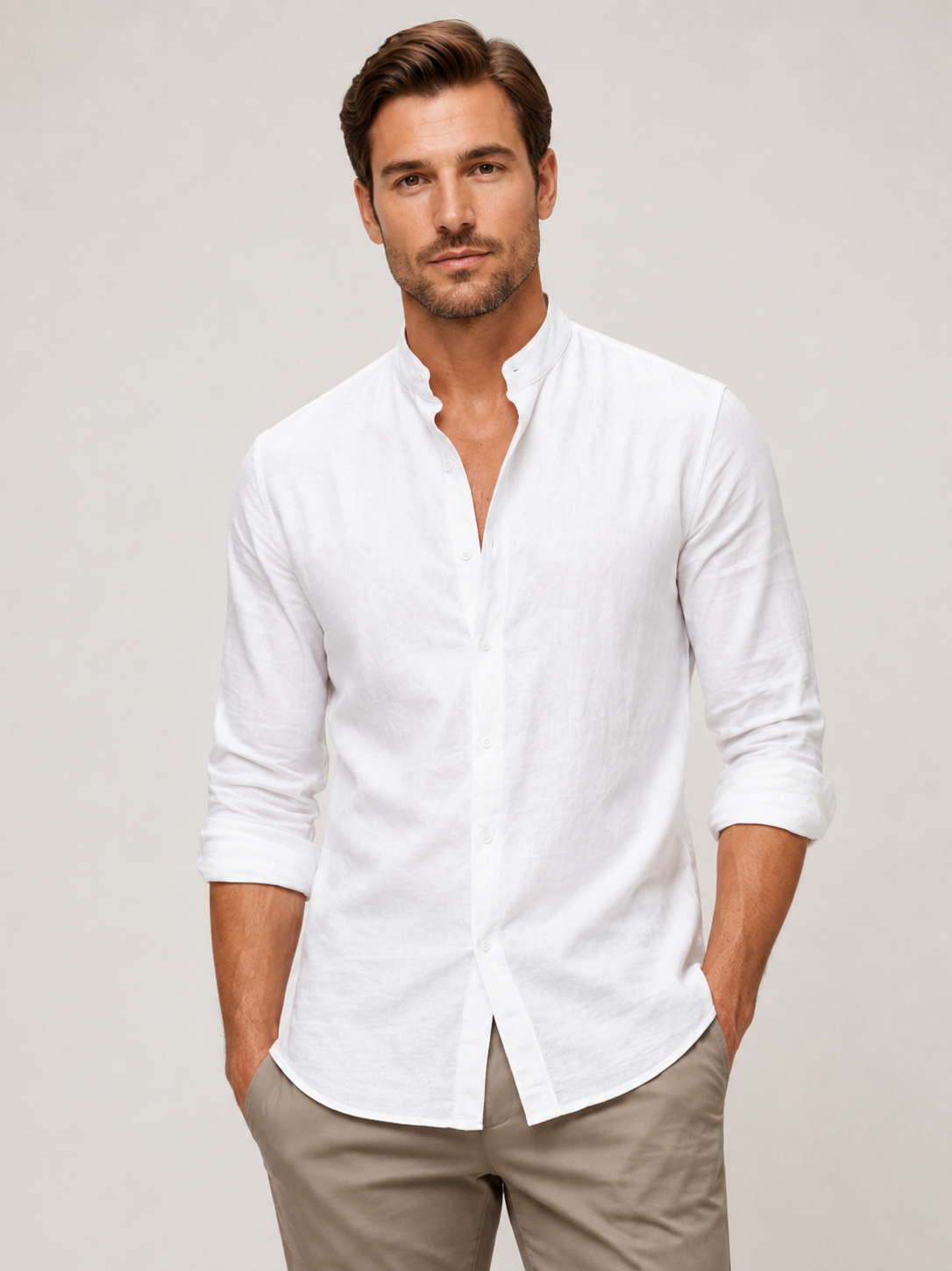 Men wearing white cotton linen collarless button down long sleeve shirt breathable summer casual style