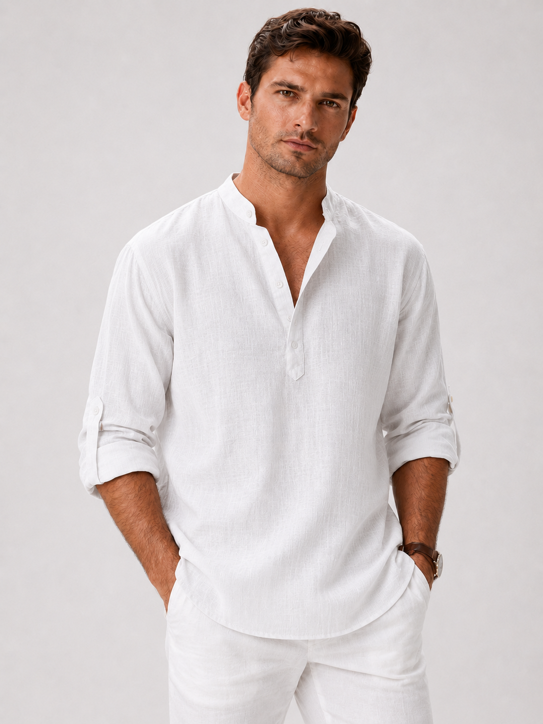 Men wearing white band collar shirt lightweight breathable button up summer vacation style