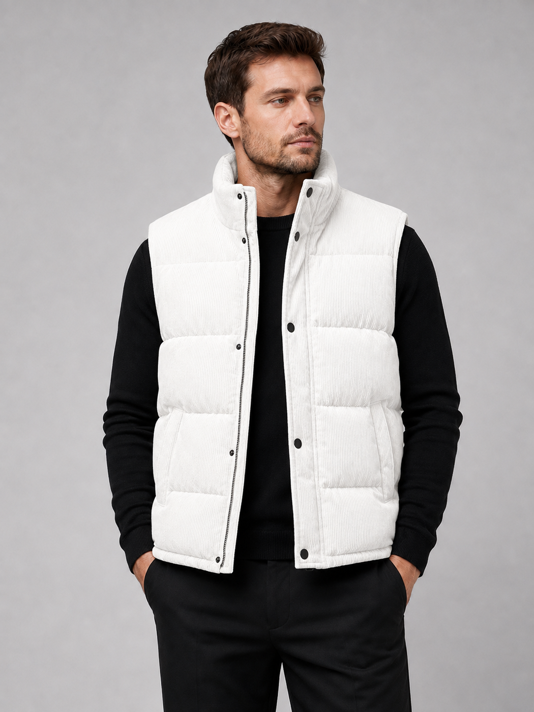 Front view of a man wearing a white corduroy puffer vest with a stand collar, padded construction, and full zip front