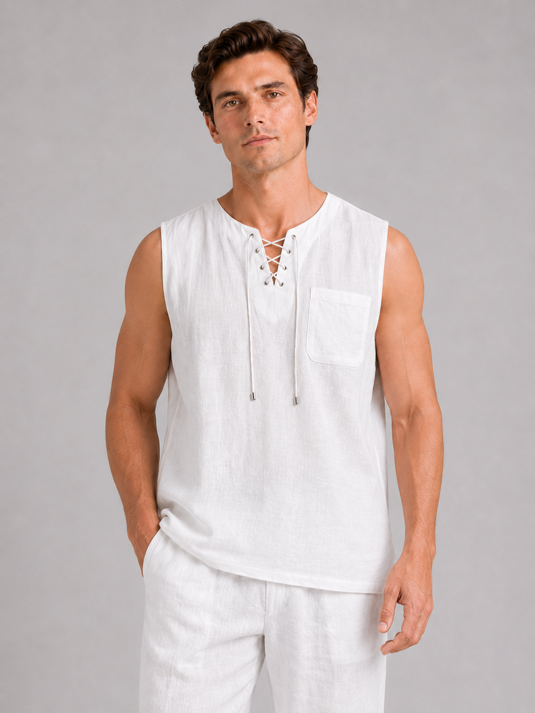 Men wearing white cotton linen tank top sleeveless lace up v neck summer beach style