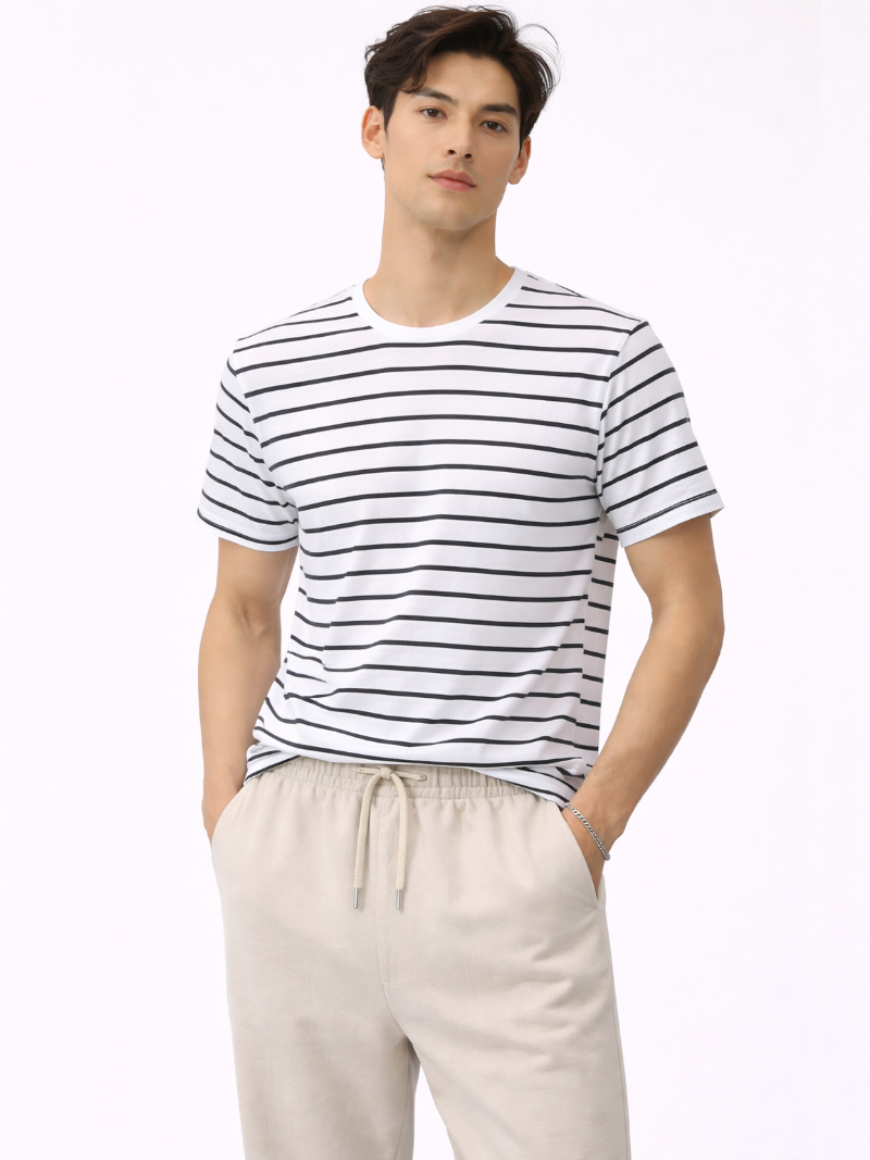 Men wearing white t shirt with black stripes soft cotton casual tee clean modern everyday outfit