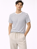 Men wearing white t shirt with black stripes soft cotton casual tee clean modern everyday outfit