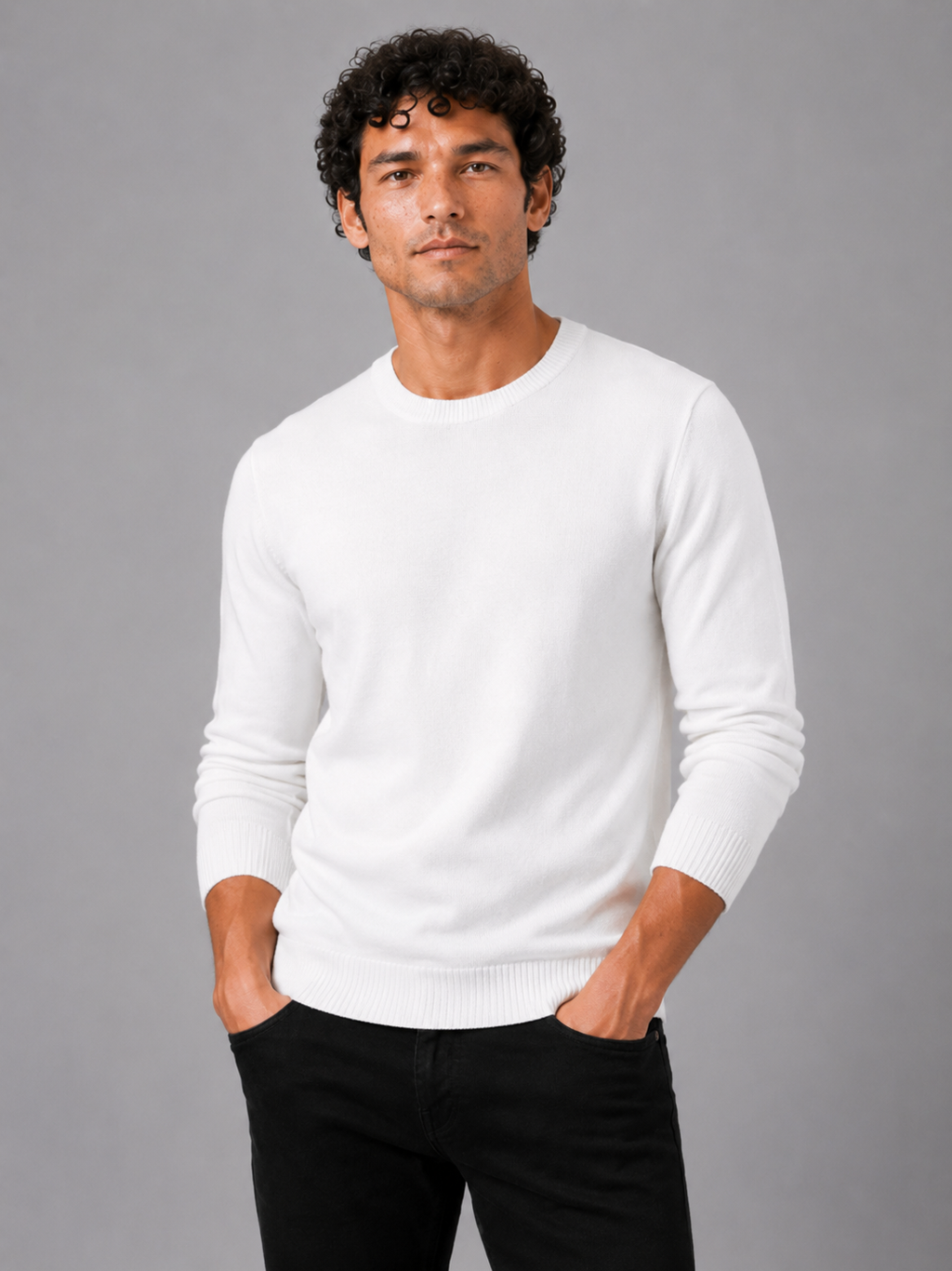 Men wearing white crew neck knit sweater long sleeve soft lightweight fall casual style