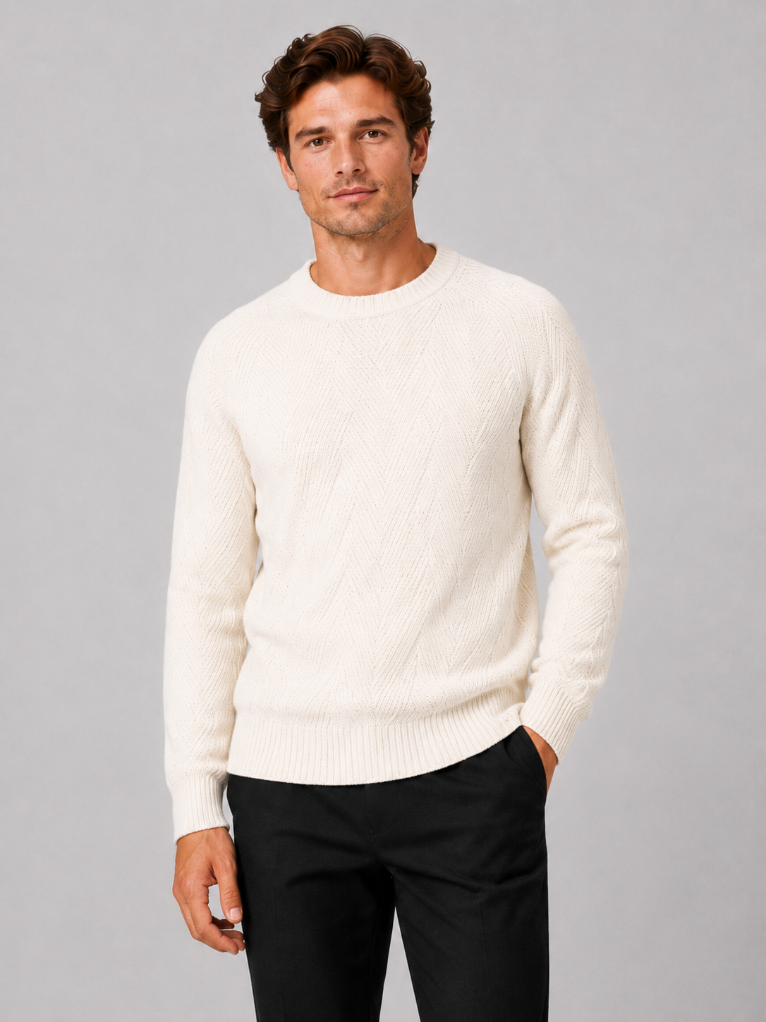 Men wearing white crewneck sweater knit fall pullover casual everyday style