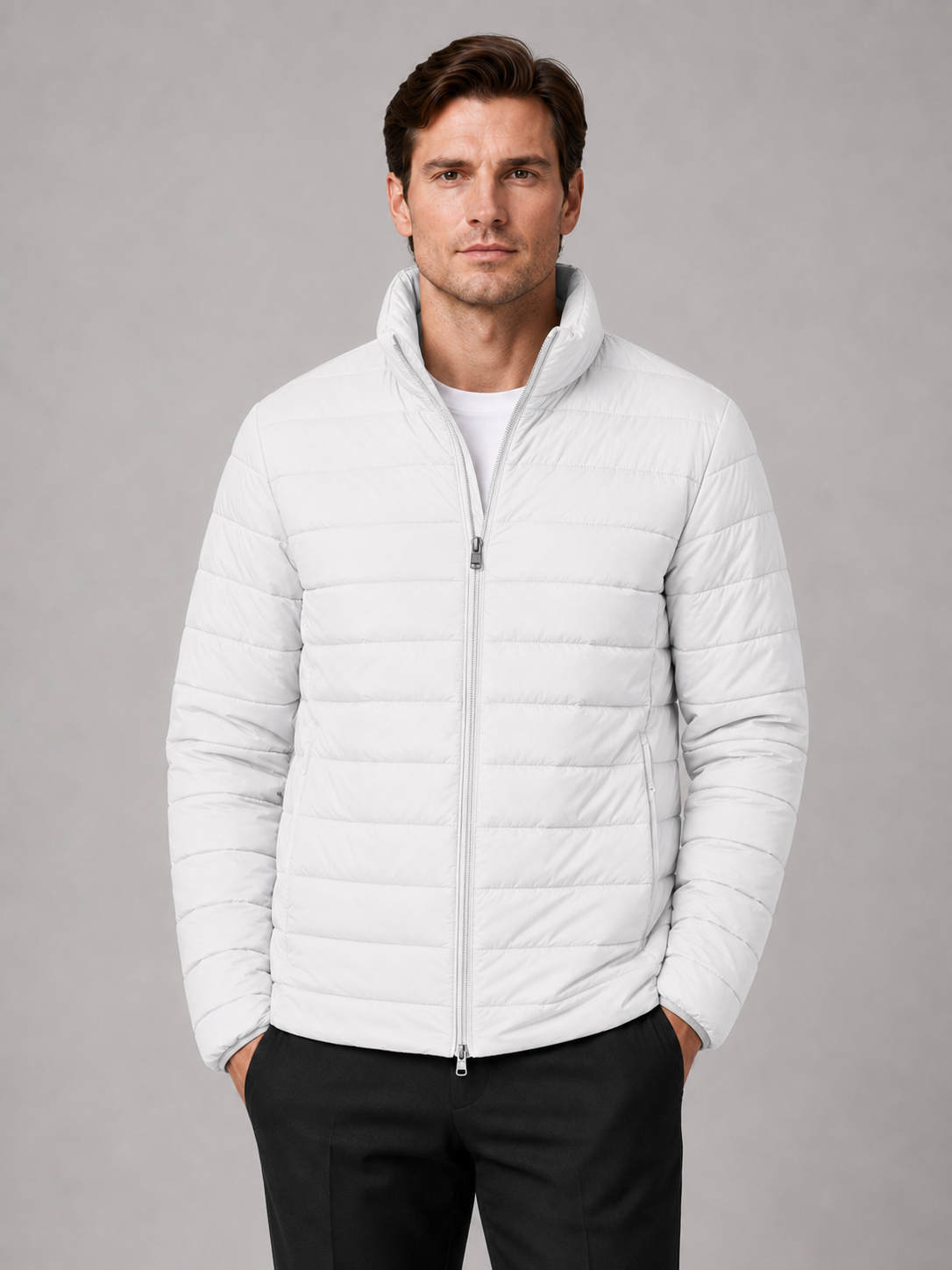 Men wearing white down puffer jacket stand collar windproof waterproof winter outdoor style