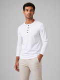 Men wearing white fitted henley shirt long sleeve casual spring basic style