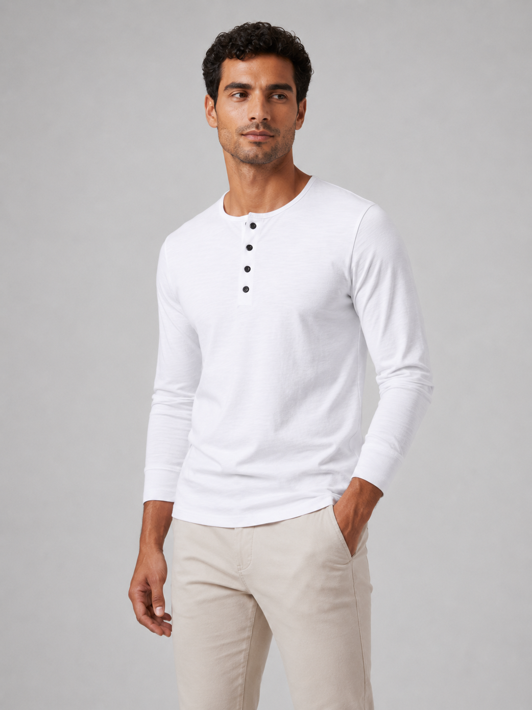 Men wearing white fitted henley shirt long sleeve casual spring basic style