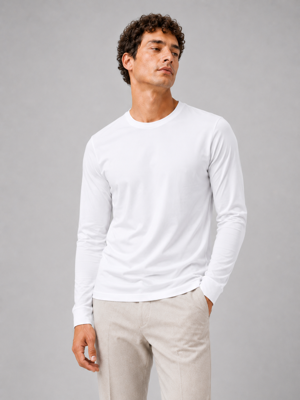 Men wearing white fitted long sleeve t shirt crew neck casual spring basic style