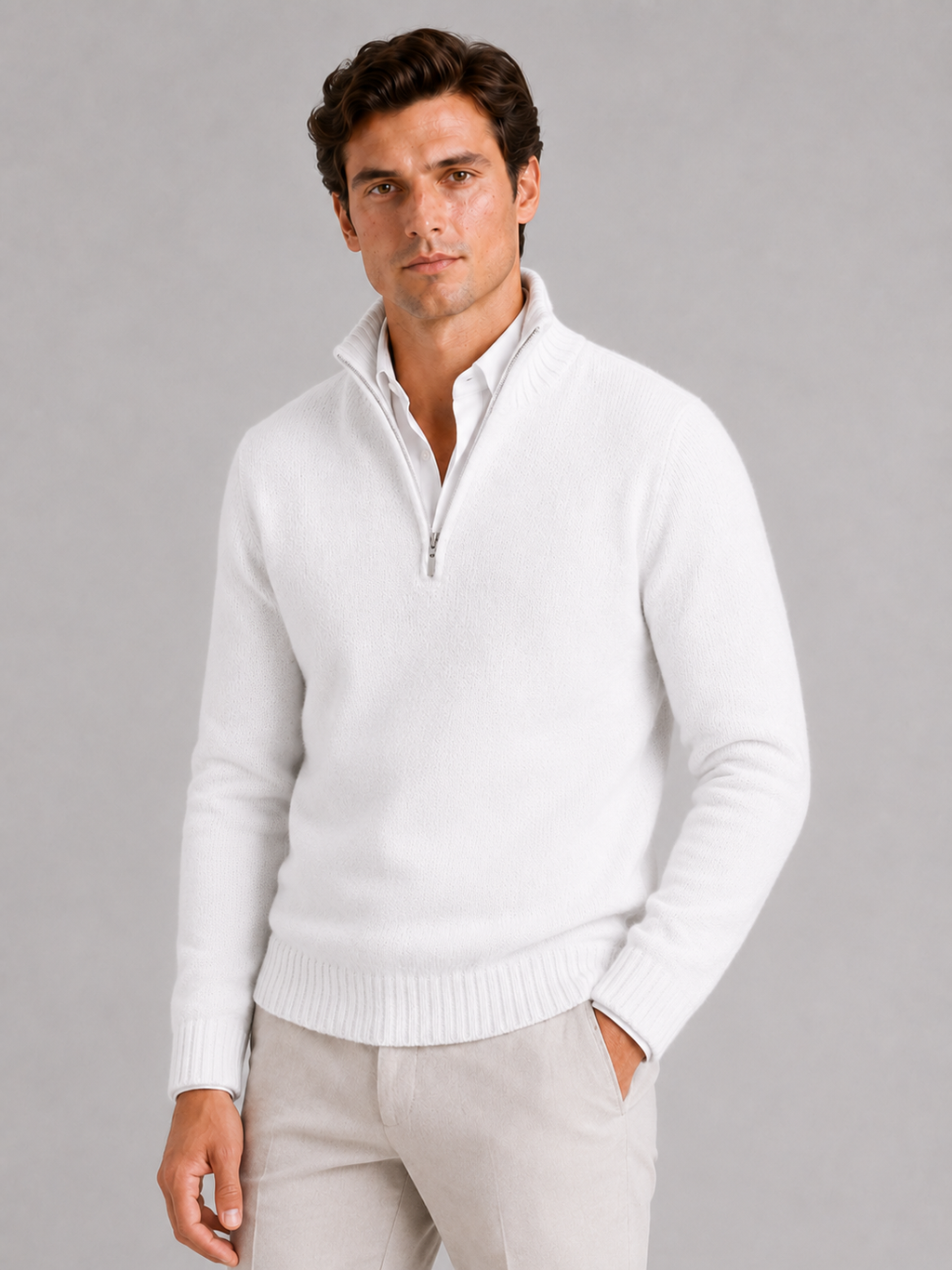 Men wearing white half zip sweater long sleeve solid color knit pullover for fall everyday style