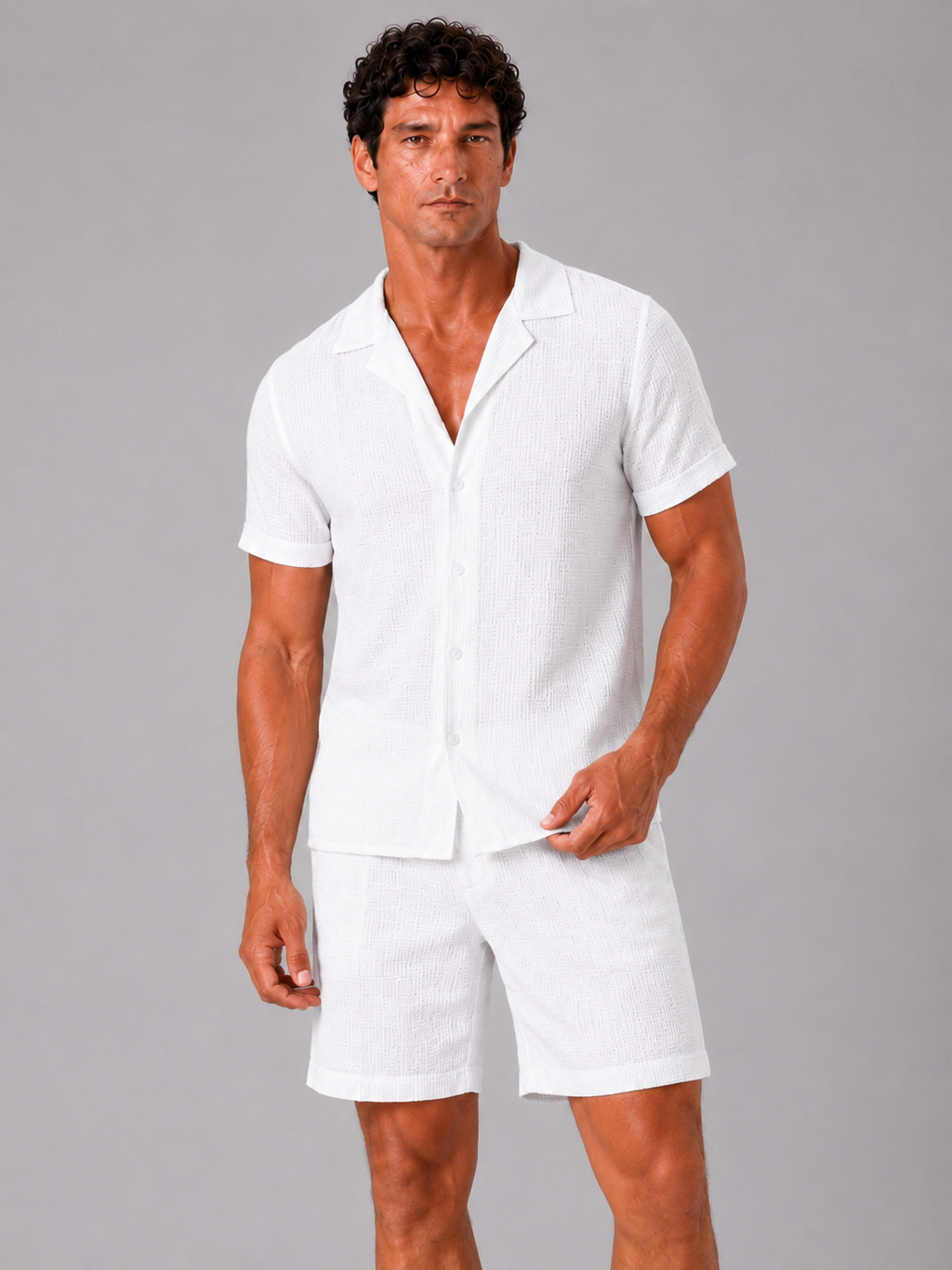 Men wearing white jacquard cotton two piece set lightweight breathable summer vacation outfit