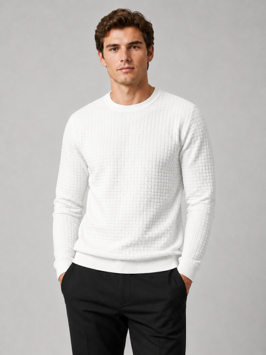 Men wearing white jacquard crew neck sweater slim fit long sleeve warm fall winter casual style