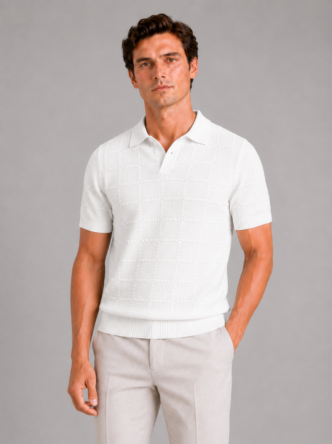 Men wearing white jacquard polo shirt short sleeve lapel collar lightweight summer business casual style
